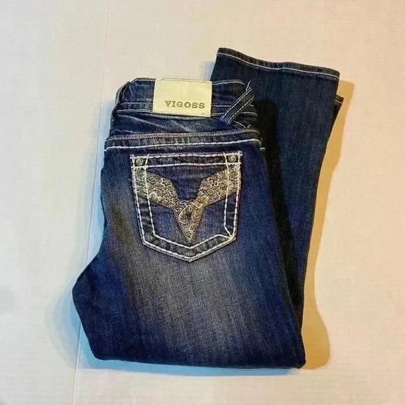 Vigoss Jr/Women's Chelsea Capri 3/4 Medium Wash Distressed Embroidered Western - Picture 1 of 10